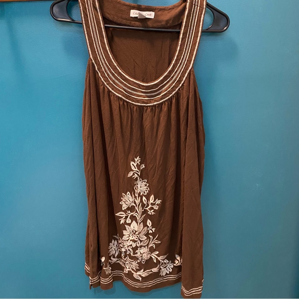 Coldwater Creek Tunic 1X 16/18 Brown with Embroidery Detail